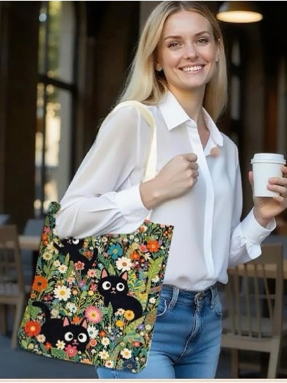 Black Cat Floral Tote Bag - Cute Cat Print Canvas Shopper. NWT